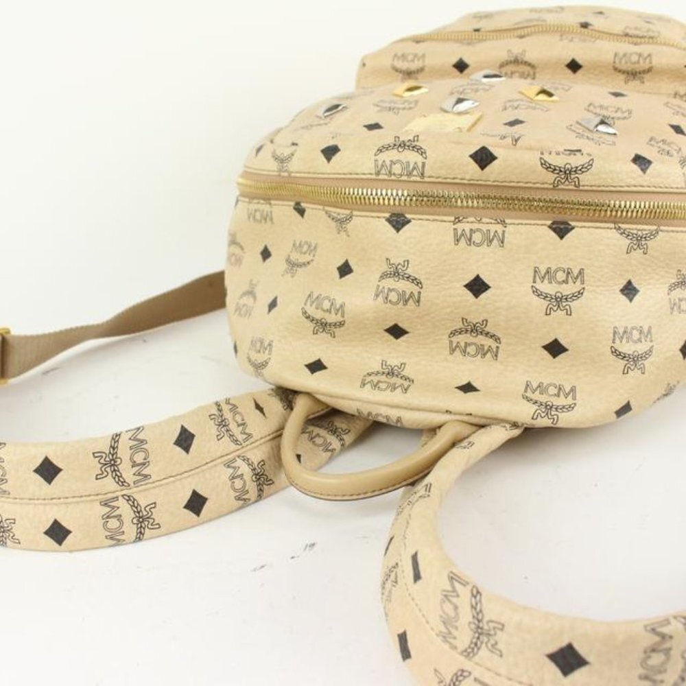 MCM Beige Monogram Visetos Logo Medium Studded Stark Backpack 921mcm73 - Picture 3 of 12